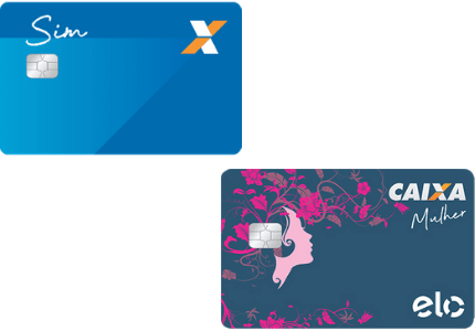 Cartão de Crédito Caixa SIM azul em uma diagonal e o cartão de crédito Caixa Mulher na outra.