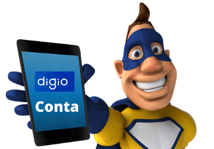 Desenho de um super herói com o celular na mão e o aplicativo da Conta Digio na tela.