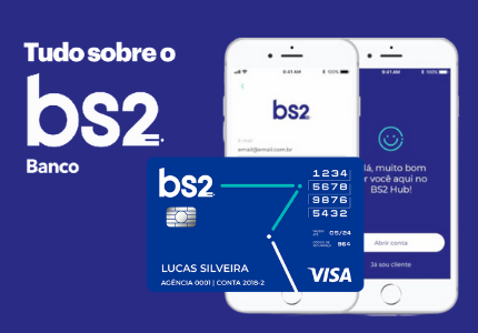 Celular, logomarca e cartão de crédito do Banco BS2.