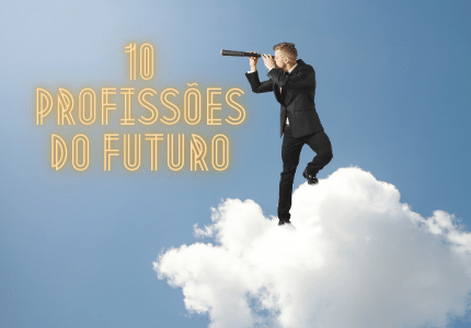 Homem em cima de nuvem com binóculo vendo as 10 profissões do futuro.