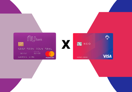Cartão de crédito Nubank dentro de formas geométricas e do outro lado o cartão de crédito Neo dentro de formas geométricas. A letra x no meio da tela indicando uma comparação entre os dois.