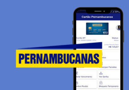 Logomarca das Lojas Pernambucanas e celular com aplicativo da rede aberto na tela.