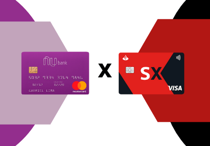 Cartão de crédito Nubank em lado esquerdo da tela, letra X representando comparação com o cartão de crédito Santander SX que está do lado direito da tela.