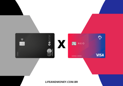 Cartão de crédito C6 Bank dentro de formas geométricas e do outro lado o cartão de crédito Neo dentro de formas geométricas. A letra x no meio da tela indicando uma comparação entre os dois.