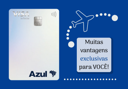 Cartão de crédito Itaucard Azul Visa Infinite ao lado do desenho de um avião e abaixo um quadro com as características do cartão.