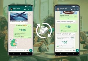 Dois celulares representando o processo de pagamento pelo WhatsApp.