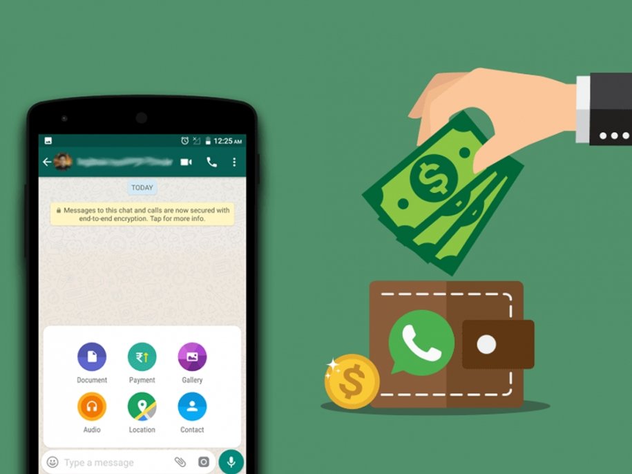 Desenho da mão de um homem de terno colocando dinheiro dentro de uma carteira com o símbolo do WhatsApp e um cifrão. Ao lado esquerdo um celular com WhatsApp aberto na tela.