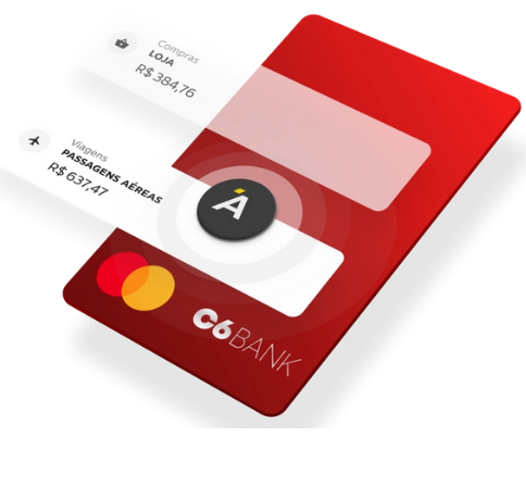 Cartão de Crédito C6 Bank e em cima o programa de pontos Átomos representado em forma de notificações.