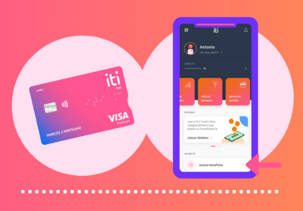Cartão de crédito iti e desenho de um celular com aplicativo Itaucard aberto na tela, cada um dentro de um circulo branco.
