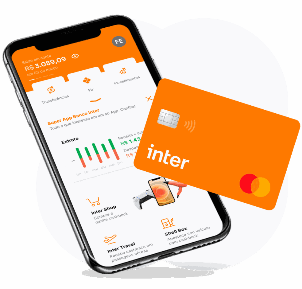 Aplicativo no celular e cartão de crédito Mastercard Inter