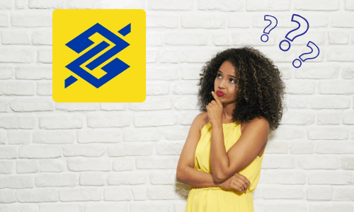 Mulher com dúvidas sobre empréstimo pessoal e logo banco do Brasil.