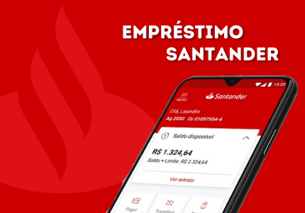 Empréstimo Santander. Aplicativo do Santander no celular e logomarca Santander.
