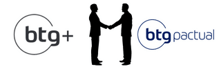 Logomarca BTG+ e Logomarca Banco BTG Pactual. Homens fazendo um aperto de mão.