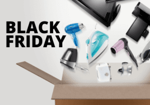 Produtos de compra na Black Friday saindo de uma caixa de presentes.