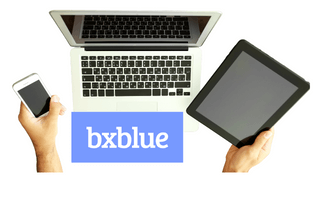 Opções de meios para contratação do empréstimo BxBlue, celular, computador ou tablet.