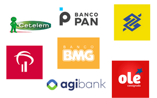 Logomarcas dos parceiros BX Blue, Bradesco, Cetelem, Banco Pan, Banco do Brazil, BMG, Agibank e olé.