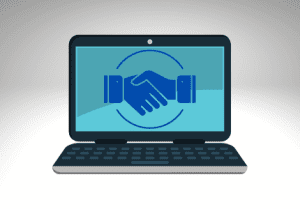 Laptop com mãos se cumprimentando.