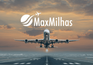 Avião decolando da pista de pouso e logomarca da MaxMilhas.