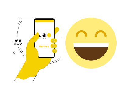 Imagem decorativa com mão segurando um celular usando aplicativo will bank e smile sorrindo