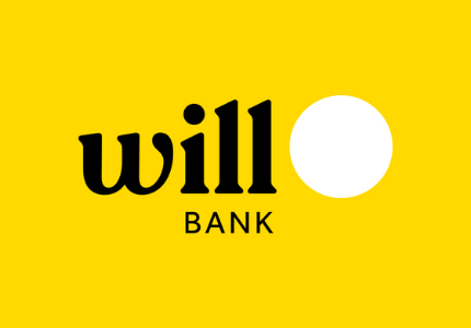 Logomarca do Banco Will Bank, escrito preto, fundo amarelo e circulo branco.