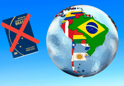 Globo terrestre com países da América do Sul e Passaporte brasileiro ao lado com um "Xis" em cima.