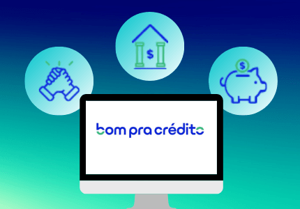 Tela de um monitor escrito bom pra crédito com as letras da plataforma de empréstimo de mesmo nome. Acima três círculos, um com duas mãos se cumprimentando, outro com uma instituição financeira e outro com um cofrinho em forma de porquinho.