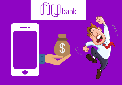 Figura de um telefone celular com uma mão entregando um saco de dinheiro com símbolo de cifrão para a figura de um homem feliz.