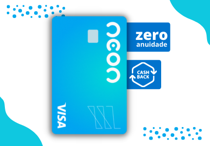 Cartão de crédito Neon e duas principais vantagens do cartão coladas em etiquetas, zero anuidade e cashback.
