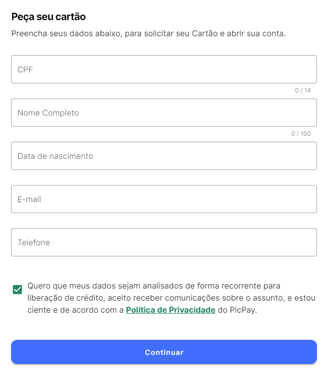 pedindo cartão de crédito picpay, etapa 2 dados
