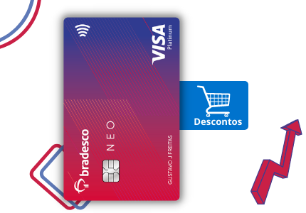 Cartão de crédito Bradesco Neo e um etiqueta escrito Descontos que é uma das principais vantagens deste cartão.