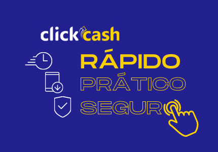 Logomarca da plataforma de empréstimo online Click Cash. Escrito com as características da plataforma Rápido, Prático e Seguro com uma mãozinha de mouse em cima.