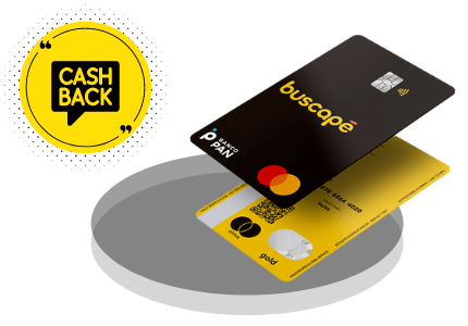 Cartão Buscapé projetado em uma base cinza, e círculo amarelo com o escrito cashback.