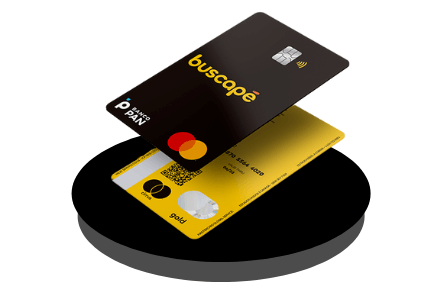 Cartão de crédito do Buscapé Mastercard Gold Internacional preto sobrepondo cartão de crédito do Buscapé Mastercard Gold amarelo projetados de dentro de um círculo preto com sombra cinza.