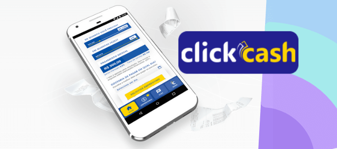 Celular branco com aplicativo aberto e logomarca do empréstimo Click Cash ao lado.