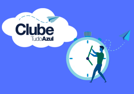 Logomarca do Clube Tudo Azul dentro de uma nuvem, desenho de um homem mexendo no ponteiro de um relógio.