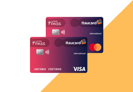 Cartões Itaúcard Latam Pass Internacional em bandeiras Visa e Mastercard.