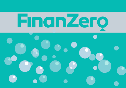 Logomarca da buscadora de empréstimos FinanZero dentro de um retângulo cinza claro e em baixo várias bolhas cinzas claro e escuro. Todos dentro de um quadro com fundo verde água.