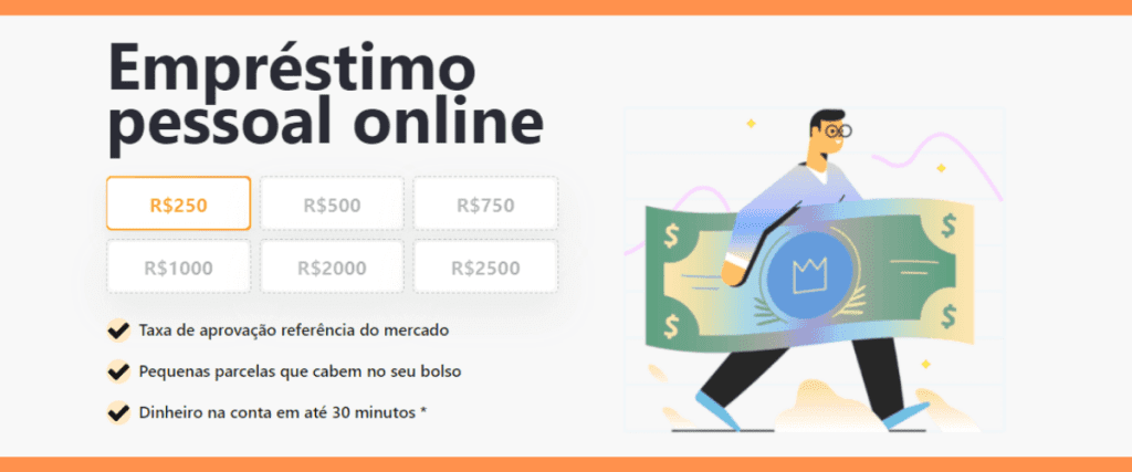 Empréstimo supersim captura com valores de 500 a 2500 reais, e ilustração de homem segurando dinheiro