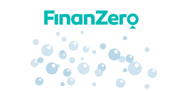 Logomarca da buscadora de empréstimos FinanZero e várias bolhas cinzas claras e escuras abaixo.