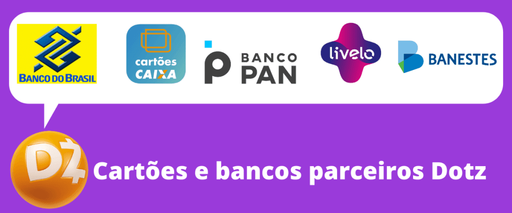 Logo de cartões e bancos parceiros Dotz, banco do brasil, cartões caixa, banco pan, livelo, banestes