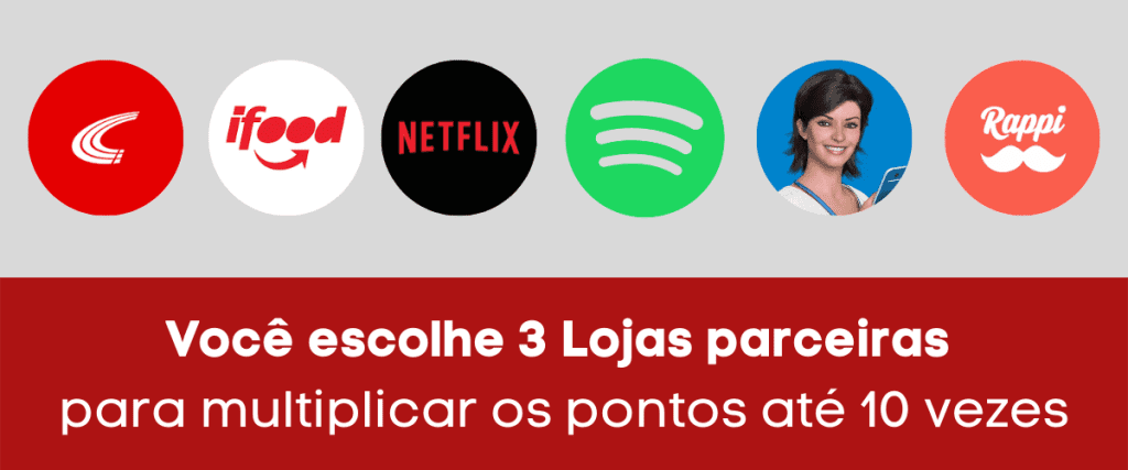 Logos de parceiros esfera, centauro, ifood, netflix, spotify, magalu, rappi. Você pode escolher 3 lojas para multiplicar os pontos por dez.