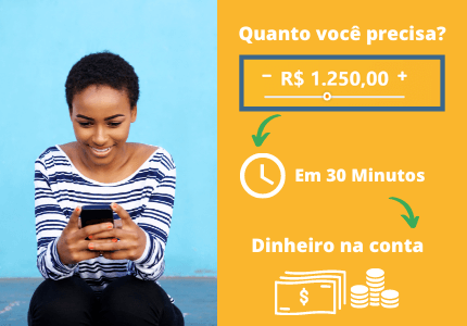 Pessoa sentada segurando celular, ao lado fluxo de pedido, quanto você precisa, valor de 1250, 30 minutos o dinheiro na conta