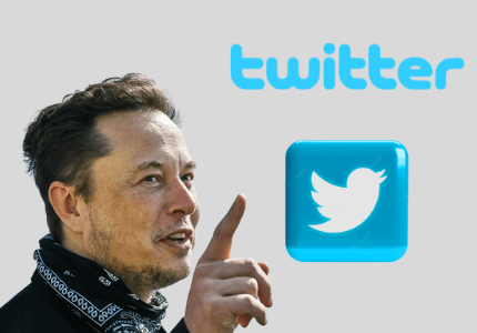 Elon Musk apontando para o nome e a logomarca do Twitter representando sua intenção de compra da rede social.