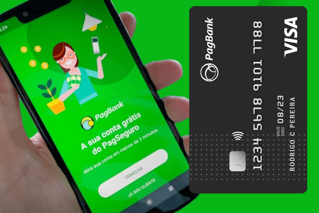 Celular com aplicativo da conta digital gratuita do PagBank aberto na tela e ao lado, na vertical, o cartão de crédito sem anuidade e com limite garantido do PagBank.