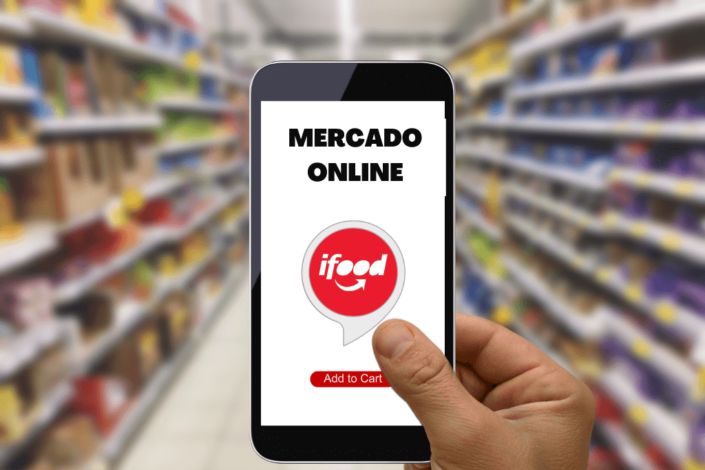 Celular com representação do aplicativo Ifood aberto em tela, com um setor de supermercado ao fundo.