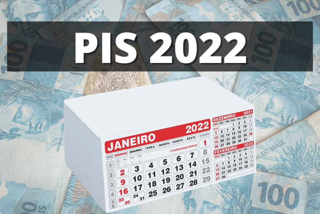 Calendário do ano de 2022, ao fundo várias notas de cem reais e em cima o título PIS 2022 que se refere ao conteúdo que fala tudo sobre o saque.