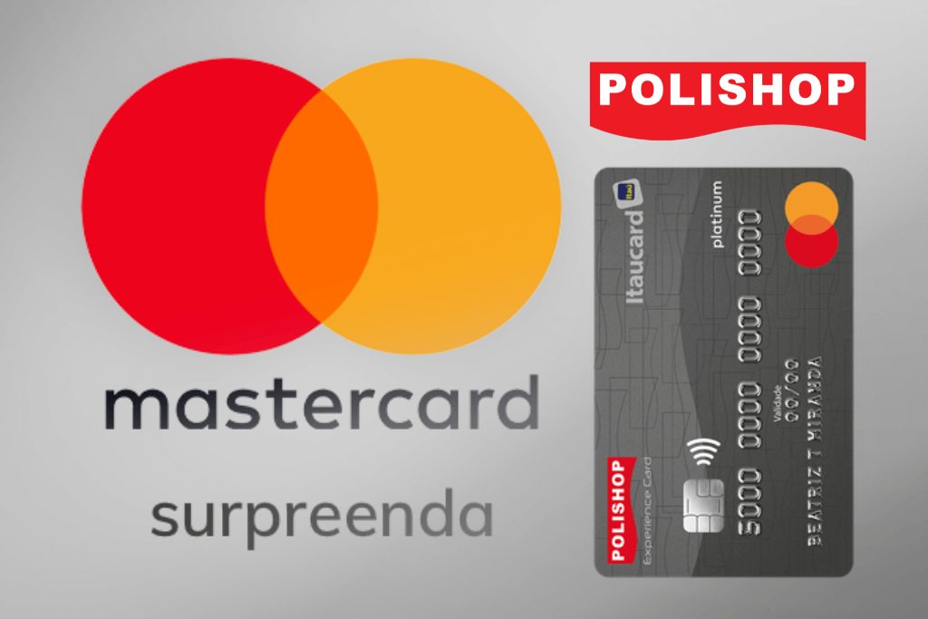 Cartão de crédito Itaucard Polishop Platinum ao lado da logomarca do programa de benefícios Mastercard Surpreenda.