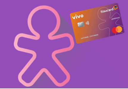 Logomarca da operadora Vivo segurando o cartão de crédito Itaucard Vivo Cashback
