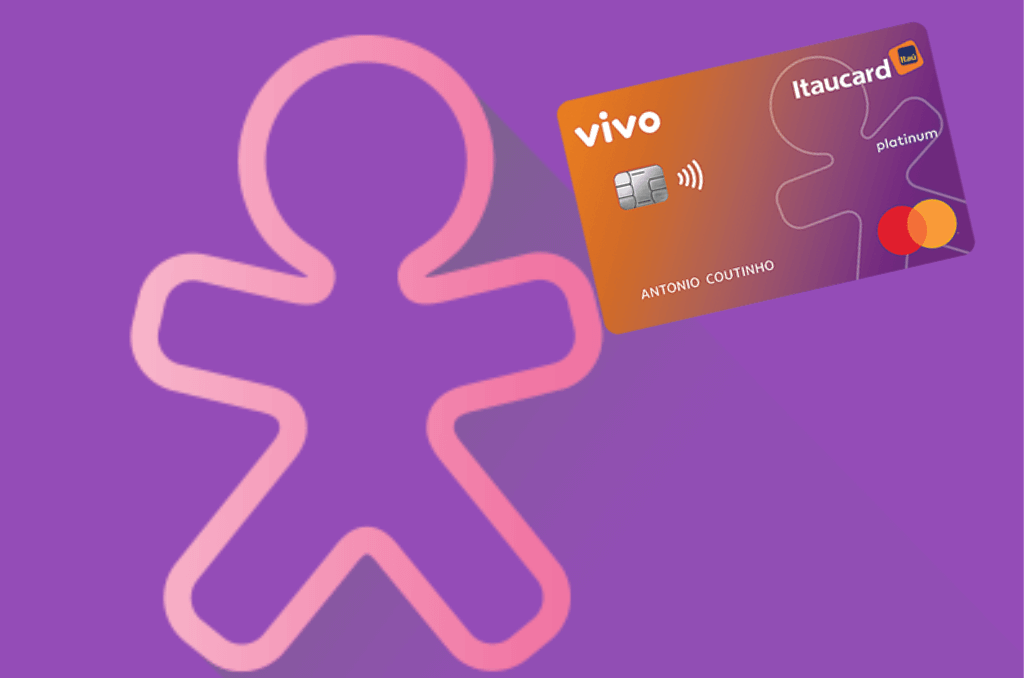 Logomarca da operadora Vivo segurando o cartão de crédito Itaucard Vivo Cashback