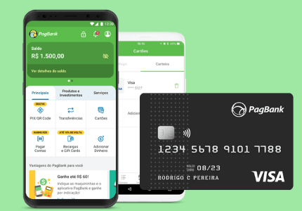 Celulares com aplicativo da conta digital gratuita do PagBank aberto na tela. Ao lado o cartão de crédito sem anuidade com limite garantido.